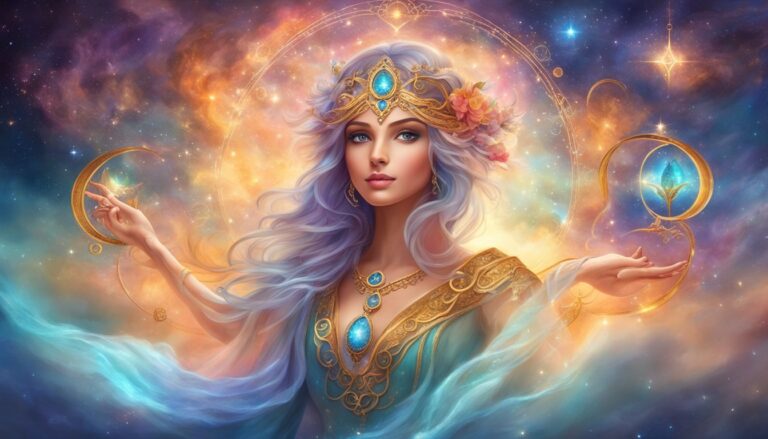 Celestial woman with flowing hair, jewelry, and a cosmic background