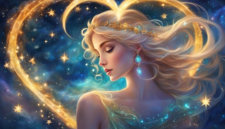 Woman with flowing hair, gold heart, and starry background