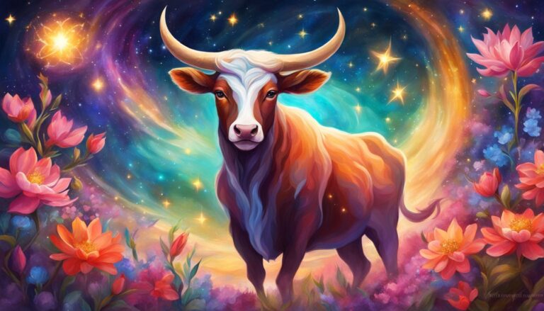 Illustration of a bull with flowers and a colorful, starry background