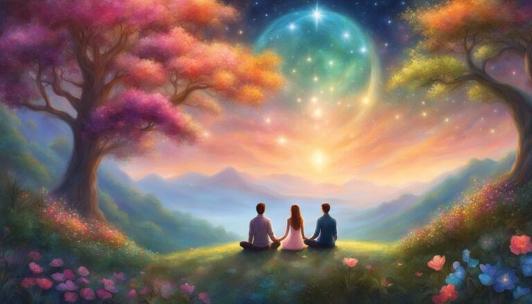 Three people sit on a hill, gazing at a celestial, colorful sky
