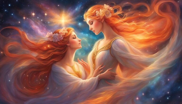Two women with flowing red hair in a starry, celestial scene