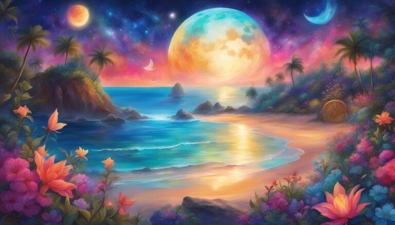 Tropical beach scene with colorful sky, moons, and vibrant flowers