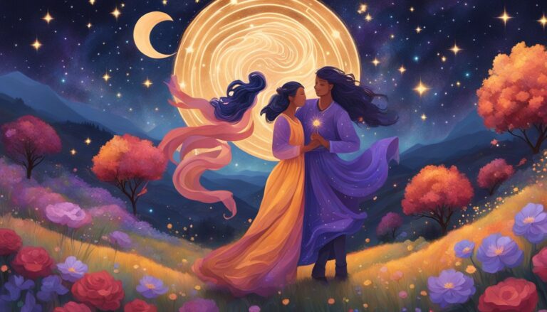 Two women holding hands under a moonlit sky with flowers and trees
