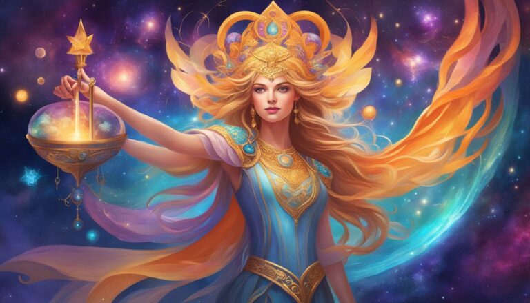 Woman in blue dress and gold crown holding a celestial orb in space