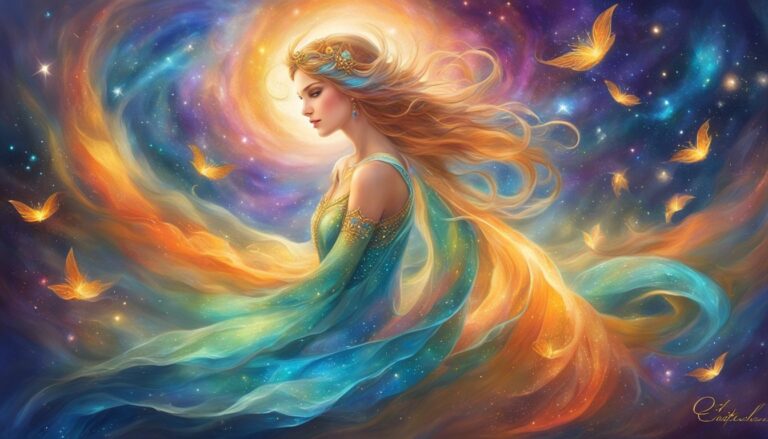 Woman in flowing gown amidst a swirling galaxy with glowing butterflies