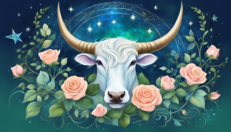 Illustration of a white bull with roses, horns, and a starry background