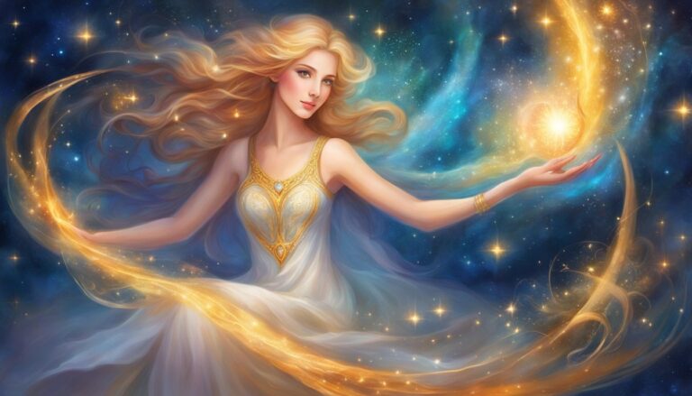 Woman in white dress with flowing hair, holding a glowing orb in space