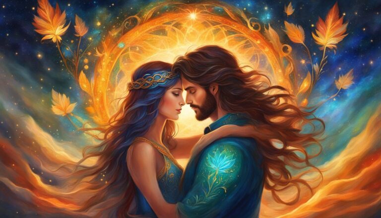 Romantic couple embracing under a glowing celestial arch with leaves