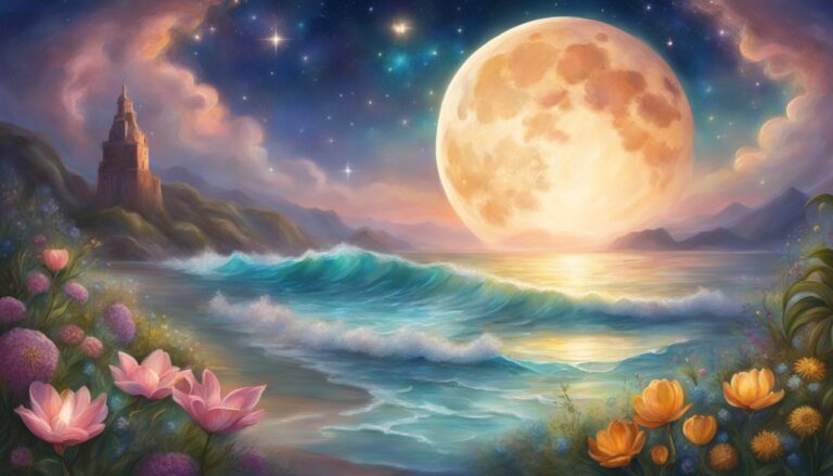 Full moon over ocean with flowers, castle, and starry sky