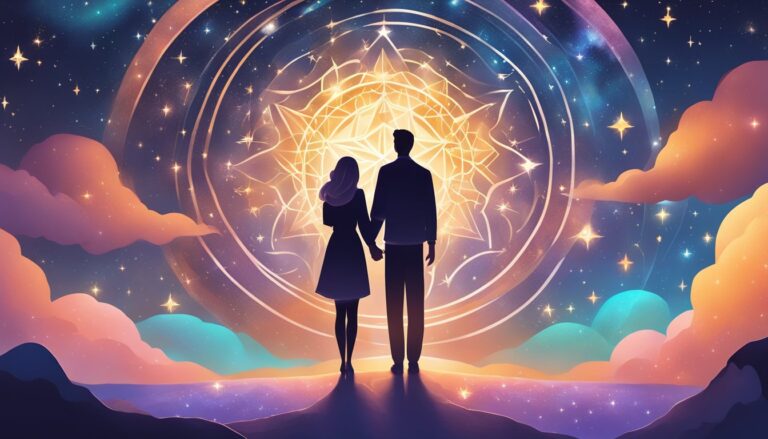 Couple holding hands, facing a glowing mandala in a starry sky