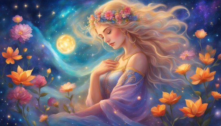Woman with flower crown, surrounded by flowers, moon, and starry sky