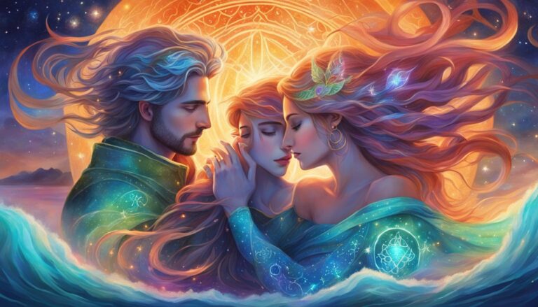 Three figures in a celestial scene, embracing with glowing light