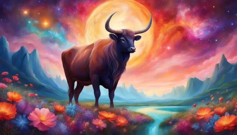A bull stands in a colorful landscape with a bright celestial background