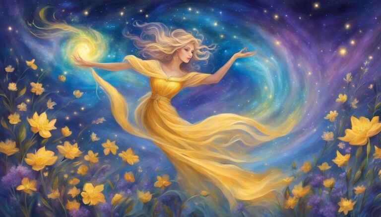 Woman in yellow dress reaching for a glowing orb in a starry sky