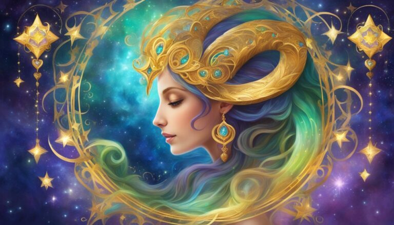 Woman with golden horns and jewelry in a starry, celestial design