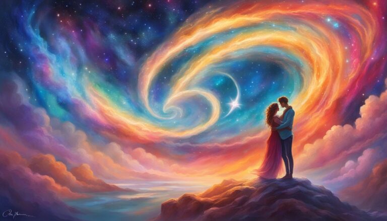 Couple embracing on a cliff, gazing at a swirling, colorful nebula