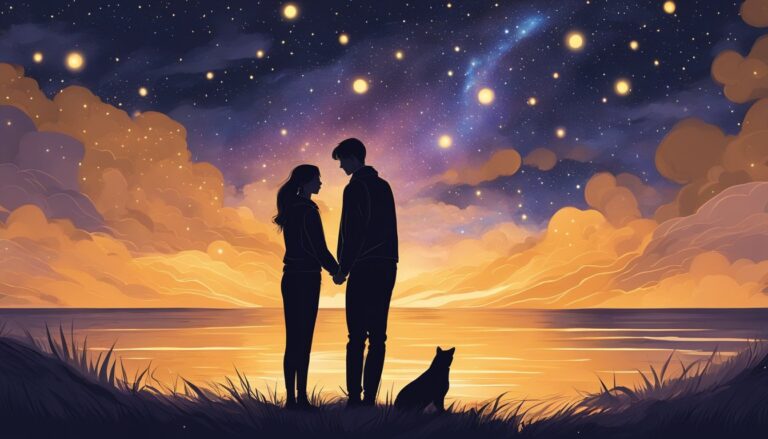 Silhouetted couple holding hands with dog, watching starry night sky over water
