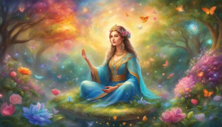Woman in blue dress meditates in a colorful, flowery, butterfly-filled garden