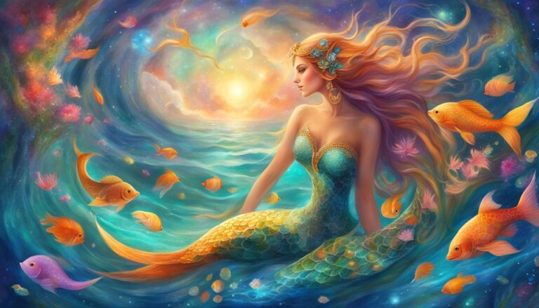 A beautiful mermaid with flowing hair, surrounded by goldfish in a dreamy ocean