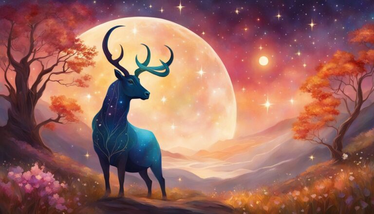 Blue deer with starry body stands before a full moon and starry sky