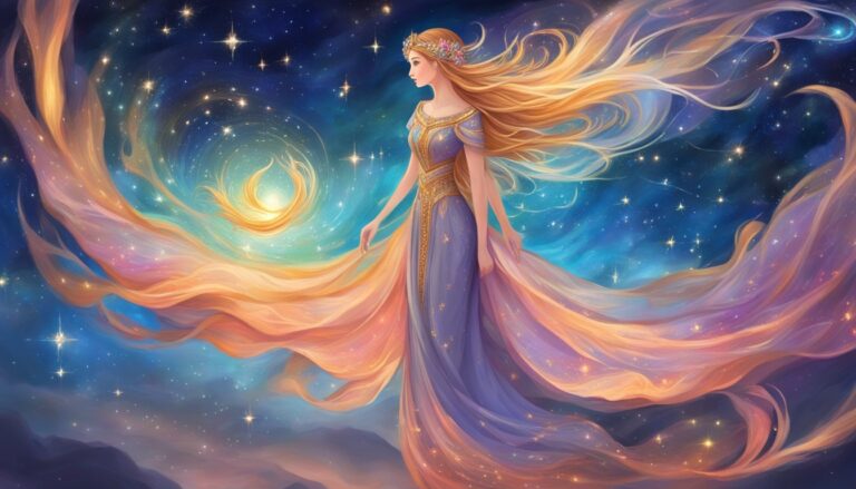 Woman in a gown with flowing hair and fabric in a starry sky