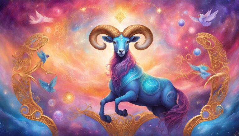 Fantasy illustration of a blue ram with large horns, surrounded by birds and celestial elements