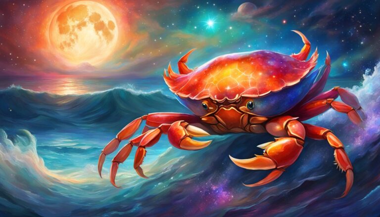Colorful crab floating in a cosmic ocean with a large, bright moon