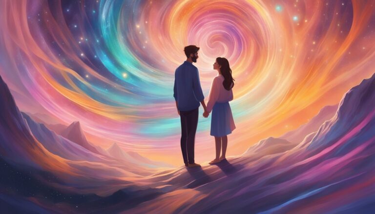 Couple holding hands, standing on a mountain, looking at a colorful galaxy