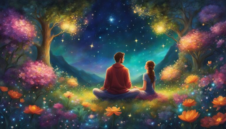 Couple meditating in a magical garden under a starry night sky