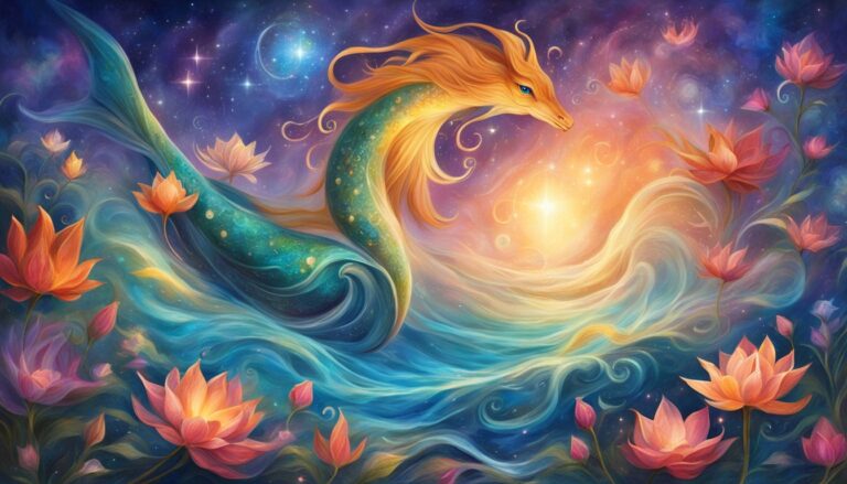 Mythical sea dragon with flowing mane amidst lotus flowers and starry sky