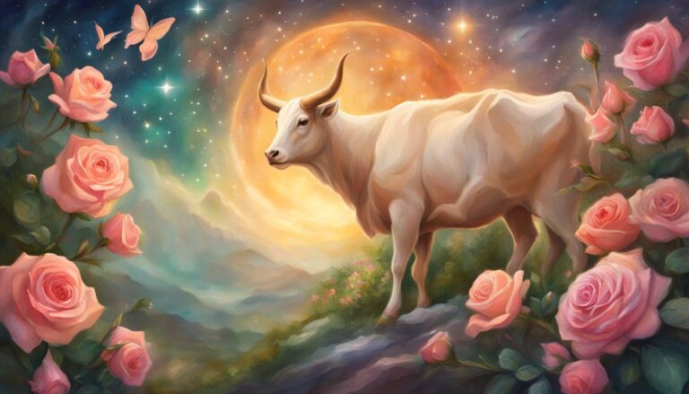 White bull in a dreamy landscape with roses, butterflies, and a bright moon