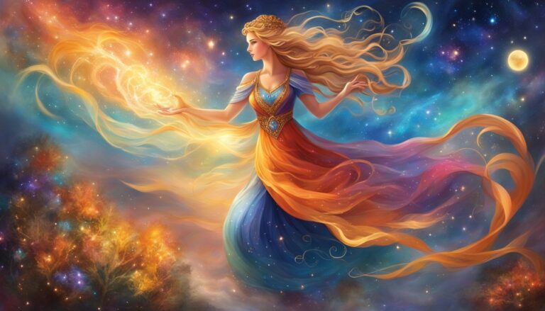 Woman in flowing gown surrounded by a starry sky, holding light
