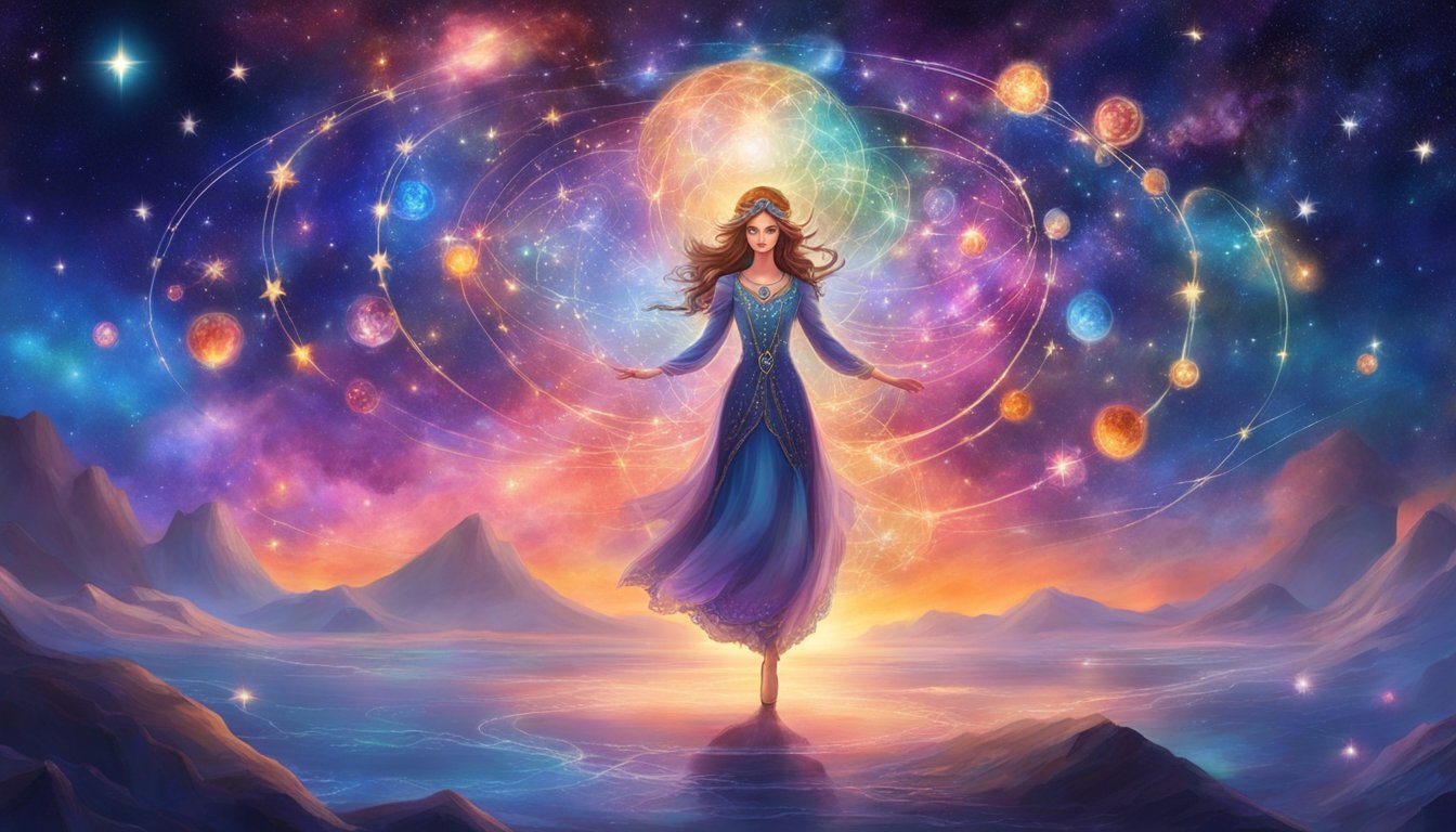 Woman in blue dress levitating in a cosmic, colorful galaxy scene