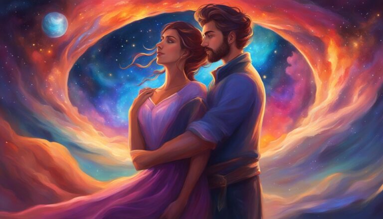 Romantic couple embracing against a colorful cosmic background with a planet