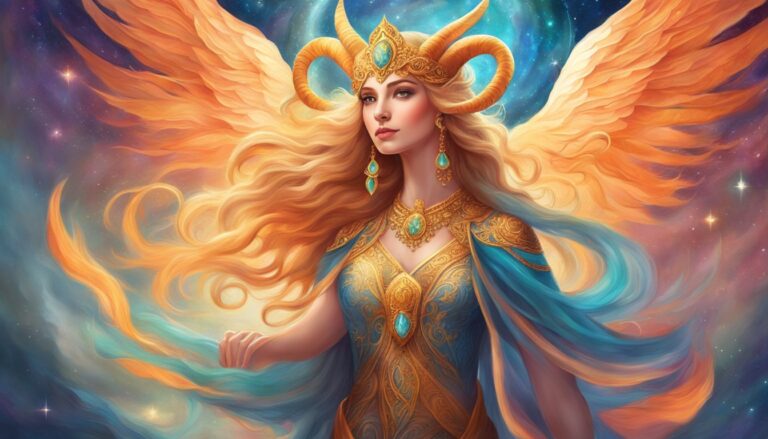 Fantasy woman with wings, horns, and ornate gold and blue clothing