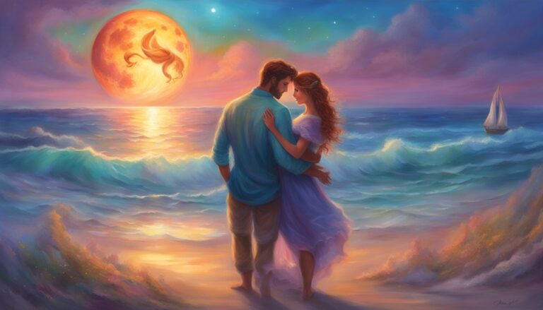 Romantic couple embracing on a beach, under a large moon, sailboat in the distance
