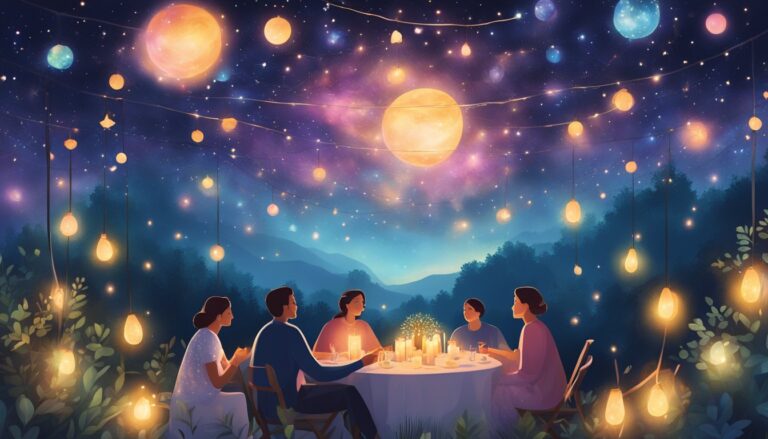 Family dining under a starry night sky with string lights and glowing orbs