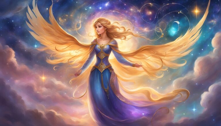 Woman with golden wings and flowing hair in a celestial scene