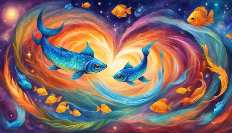 Two blue fish and several gold fish swim in a colorful galaxy