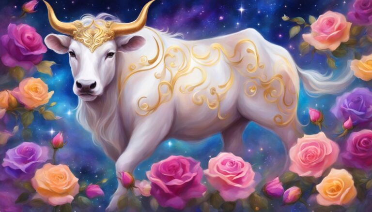 White bull with gold horns and roses against a starry background