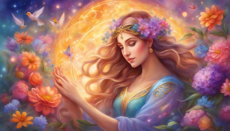 Woman with flowers and birds in a fantasy, celestial-themed illustration
