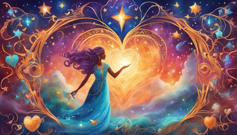 Woman in blue dress with purple hair, heart-shaped light, and stars