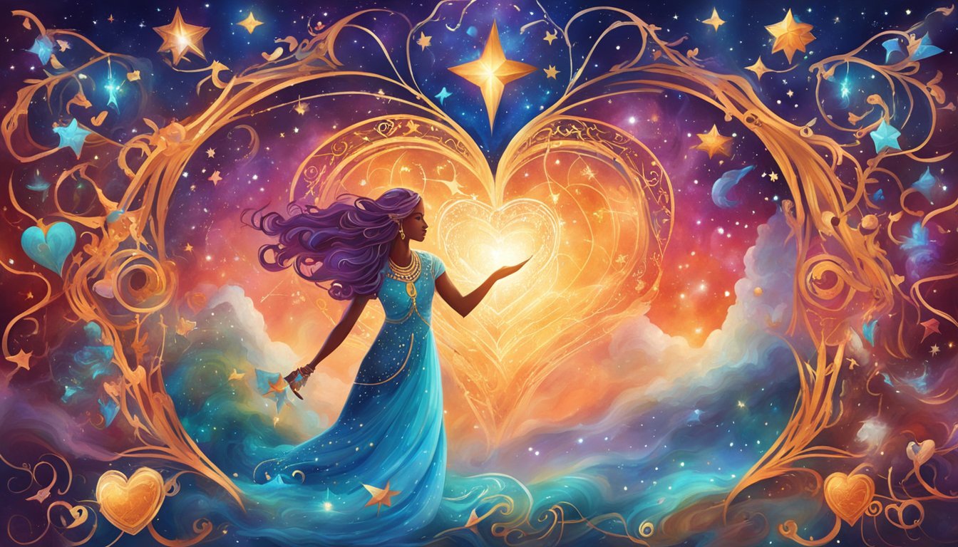 Woman in blue dress with purple hair, heart-shaped light, and stars