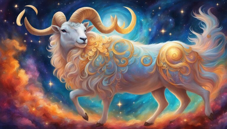 Aries zodiac sign illustration: a celestial ram with golden horns and fur