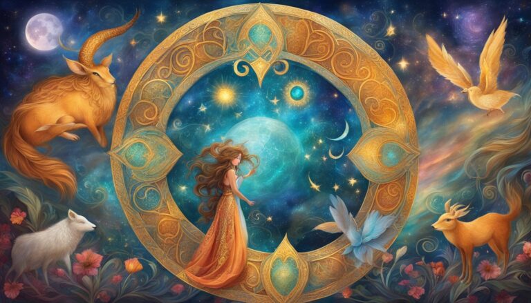 Woman in golden dress surrounded by celestial animals and a starry sky