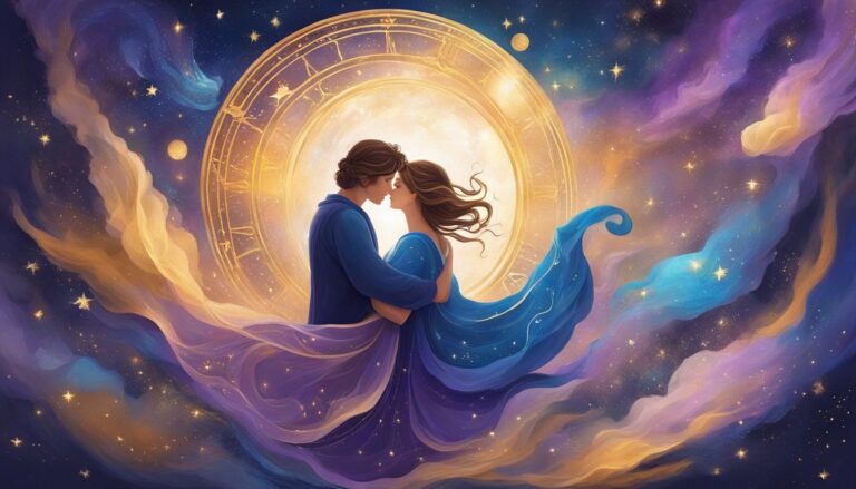 Couple embracing in front of a celestial clock, surrounded by starry clouds
