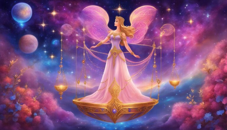 Fairy woman with wings, standing on a scale in a starry, colorful sky