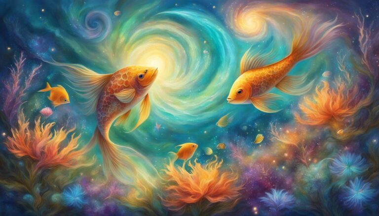 Two golden fish swim in a colorful, swirling underwater scene