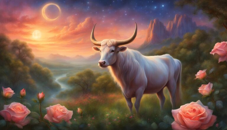 White bull in a dreamy landscape with roses and celestial bodies
