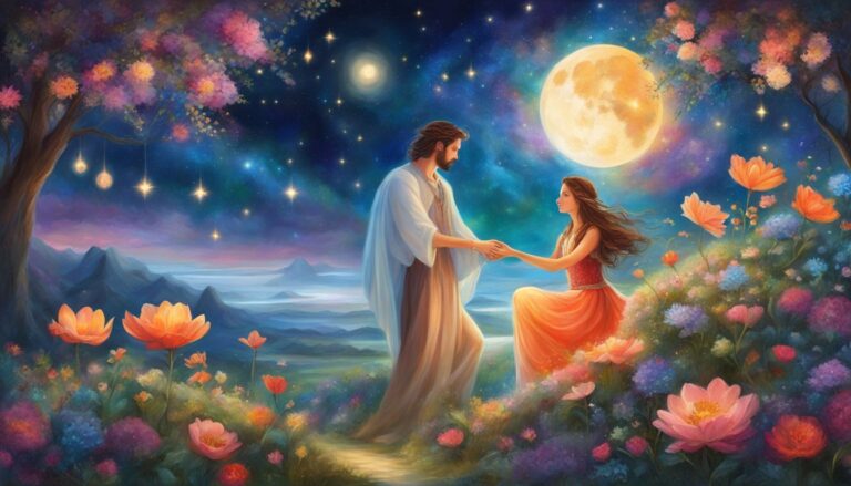 Man and woman holding hands under a starry night sky, flowers